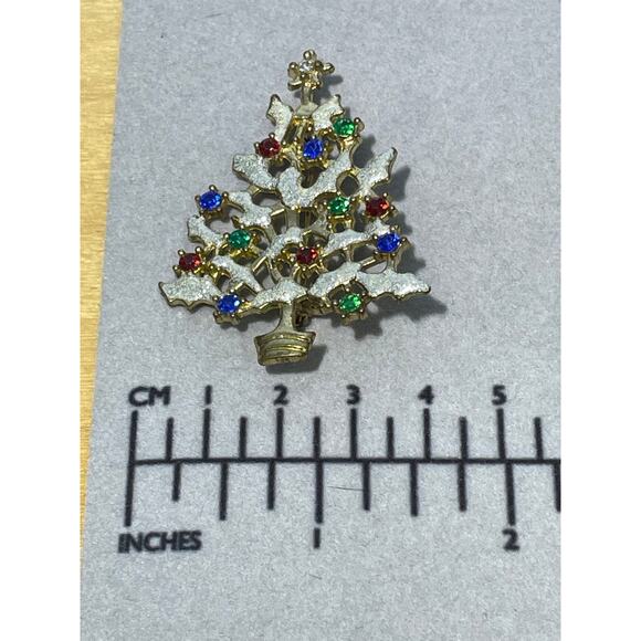 Vintage Christmas Tree Brooch Gold Tone Enamel Rhinestones Holidays - Picture 3 of 4